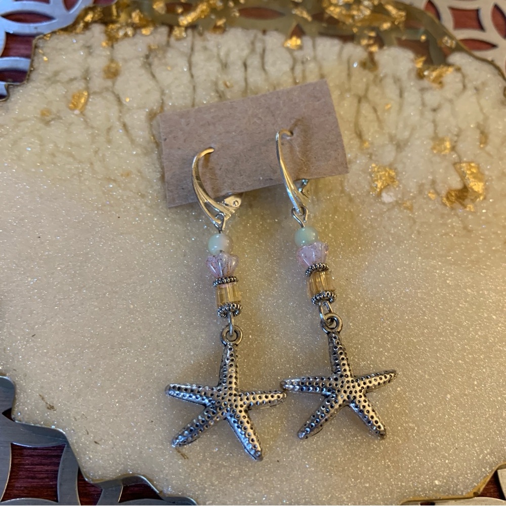 Silver Tone Starfish Dangle Beach Theme Earrings